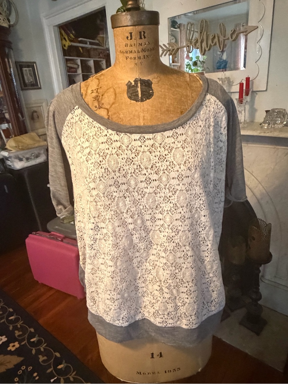 torrid Grey Raglan Sweatshirt with Cream Lace Front